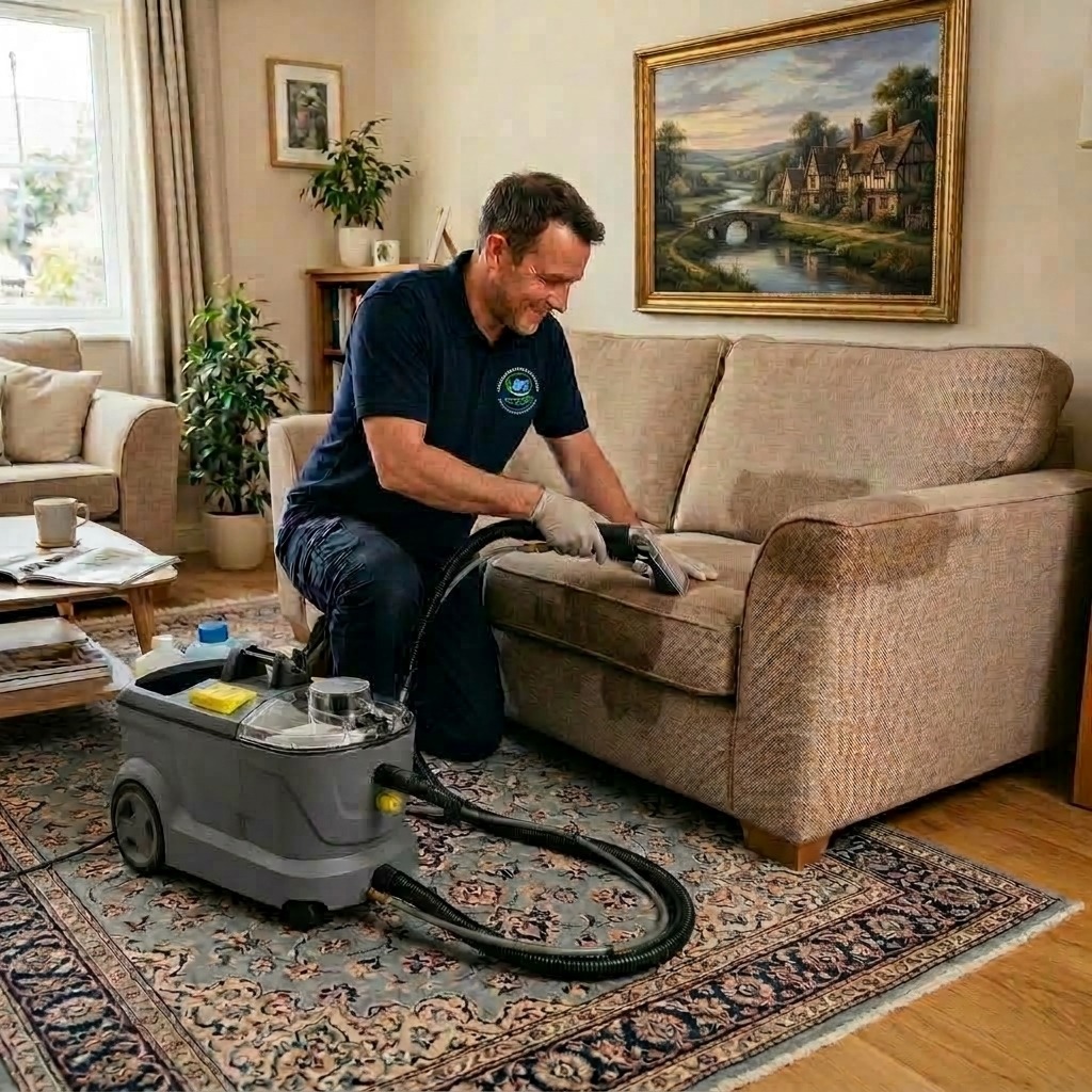 Técnico especialista limpiando un sofá a domicilio con maquinaria profesional